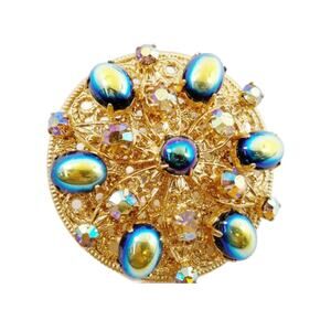 Vintage Gold Tone Filigree Iridescent Hematite Brooch